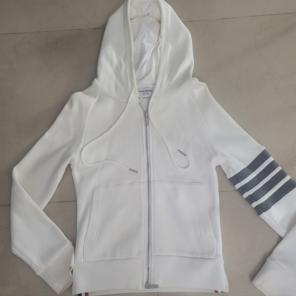 White Thom Browne Zip Up 4 Bar Hoodie